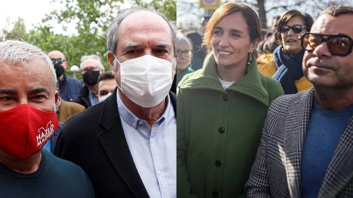 A la izquierda, Jorge Javier Vázquez apoyando a Ángel Gabilondo en el 2021; a la derecha, el presentador apoyando a Mónica García este fin de semana.