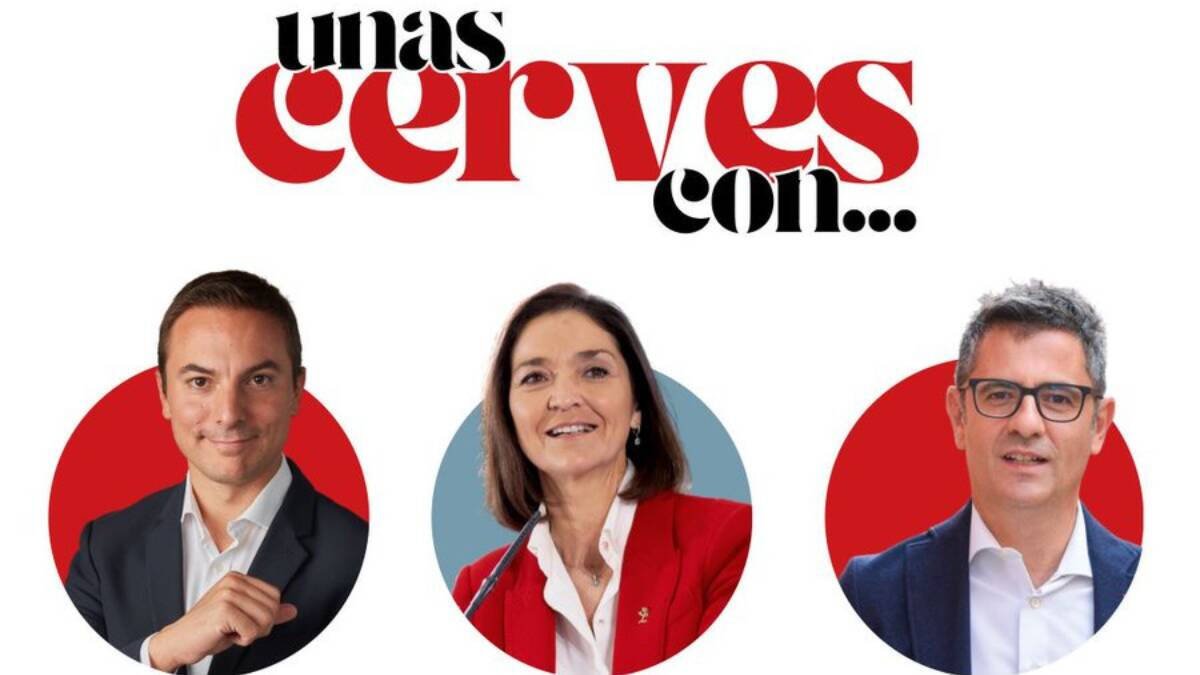 Cartel anunciando 'unas cerves con' Juan Lobato, candidato del PSOE a presidir la Comunidad de Madrid; Reyes Maroto, candidata a la alcaldía; y Félix Bolaños, ministro de la Presidencia.