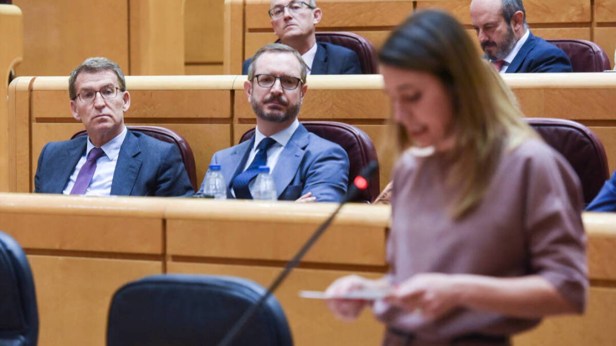 El líder del Partido Popular, Alberto Núñez Feijóo, escucha la intervención de la ministra de Igualdad, Irene Montero, en el Senado.
