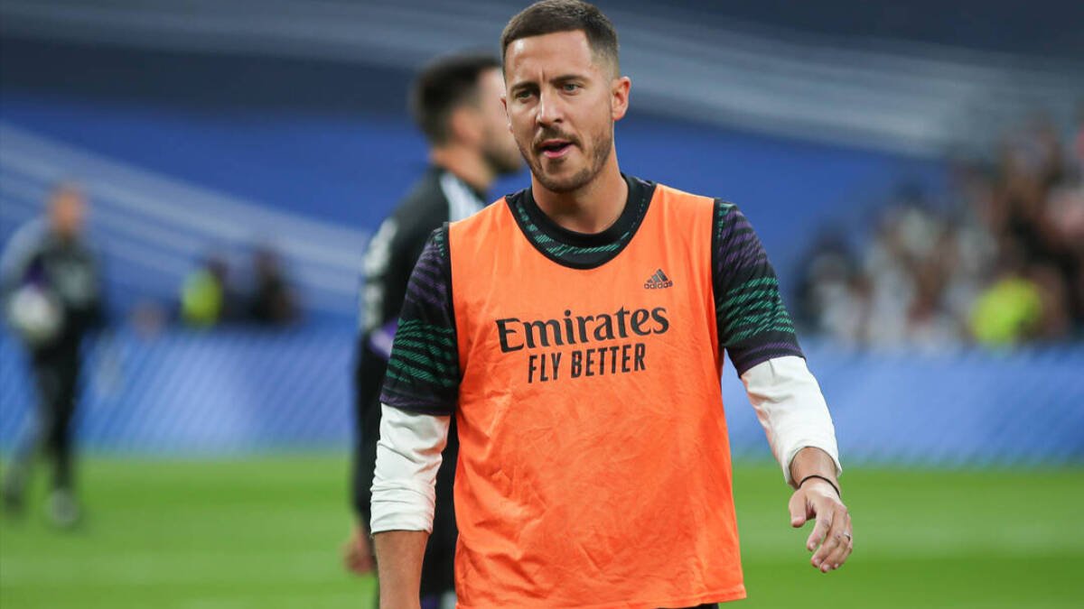 Eden Hazard, en un calentamiento con el Real Madrid.