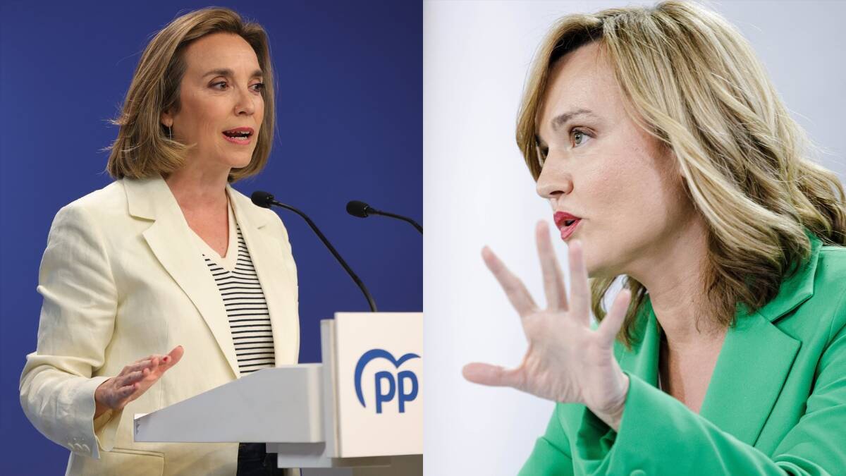 La secretaria general del PP y portavoz en el Congreso, Cuca Gamarra, y la ministra de Educación y también portavoz nacional del PSOE, Pilar Alegría.