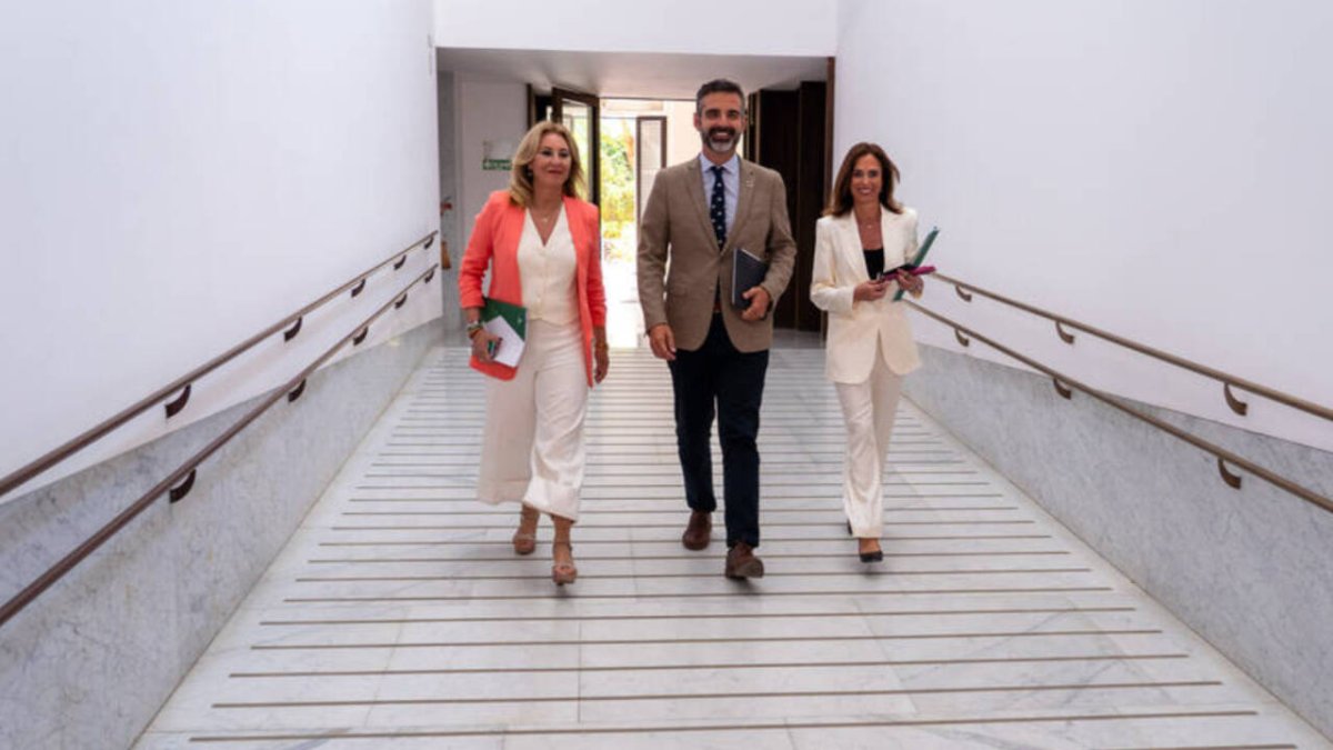 El portavoz del gobierno de la Junta, Ramón Fernández-Pacheco, acompañado por la consejera de Vivienda, Rocío Díaz, y la consejera de Economía, Carolina España.