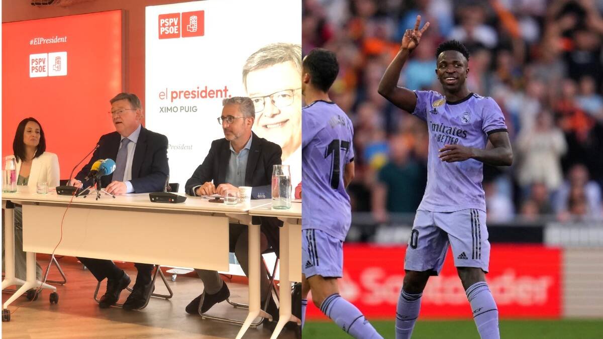 Ximo Puig durante el desayuno informativo de esta misma mañana/Vinicius haciendo gestos a la grada de Mestalla tras ser expulsado.