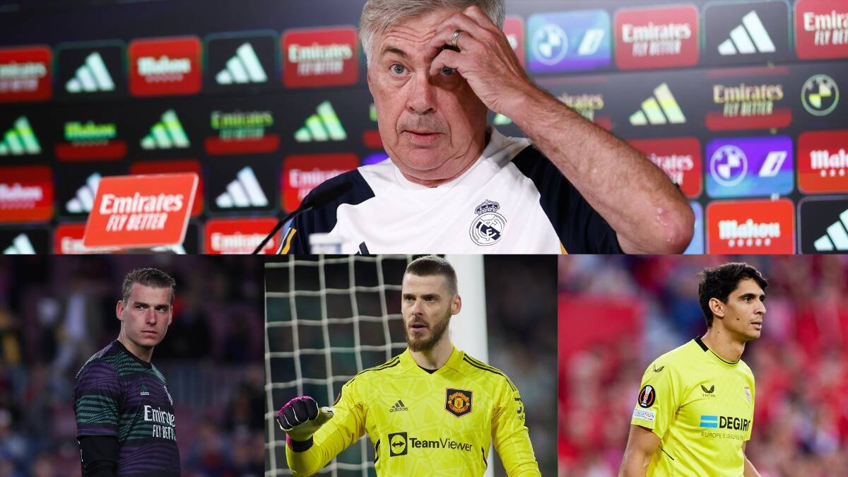 Carlo Ancelotti y debajo los porteros Andriy Lunin, David de Gea y Yassine Bounou.