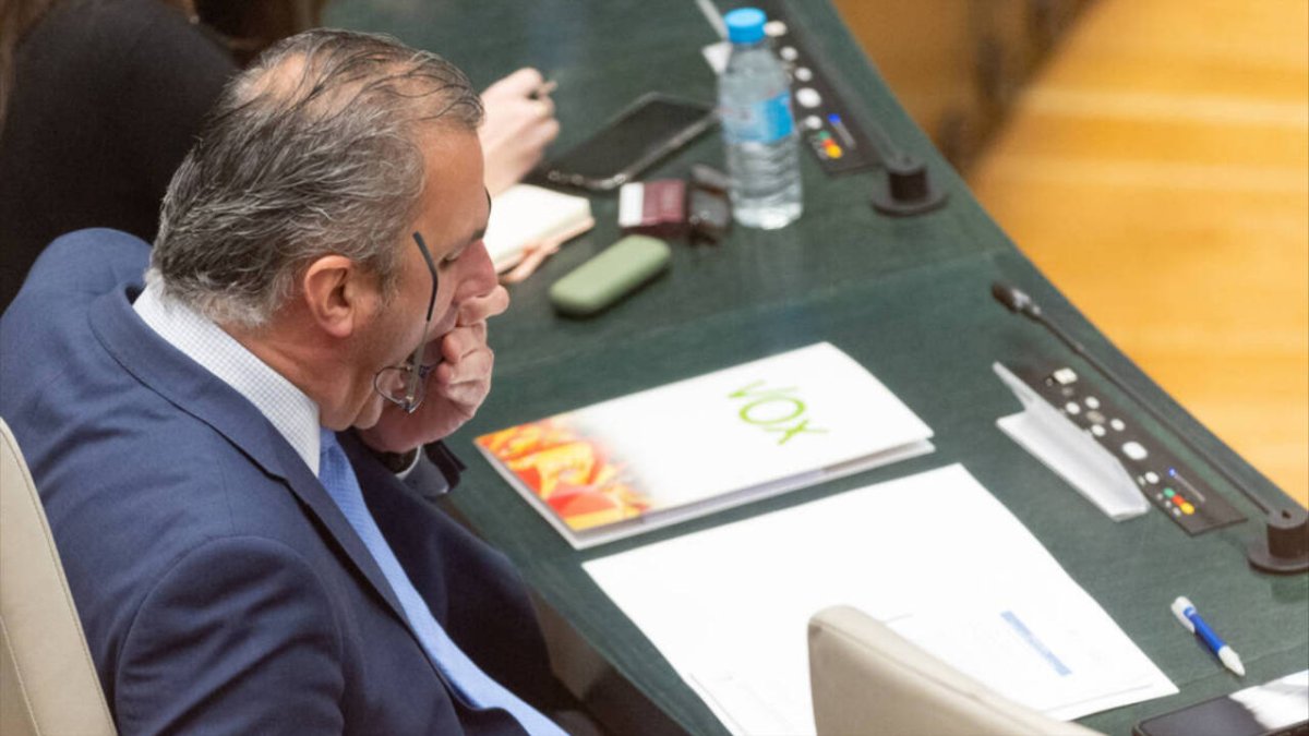 El portavoz de Vox, Javier Ortega Smith, durante una sesión extraordinaria del Pleno Municipal, en el Ayuntamiento de Madrid.