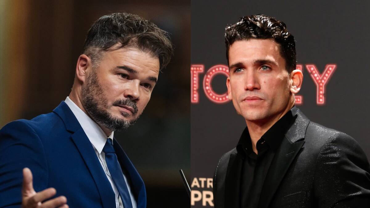 El portavoz de ERC, Gabriel Rufián (izq.), y el actor Jaime Lorente (der.) han protagonizado un enganchón en redes por las protestas en Ferraz contra Pedro Sánchez.