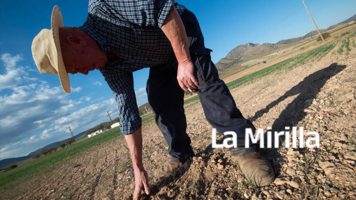 Un agricultor muestra la tierra seca, a 20 de abril de 2023, en Murcia.