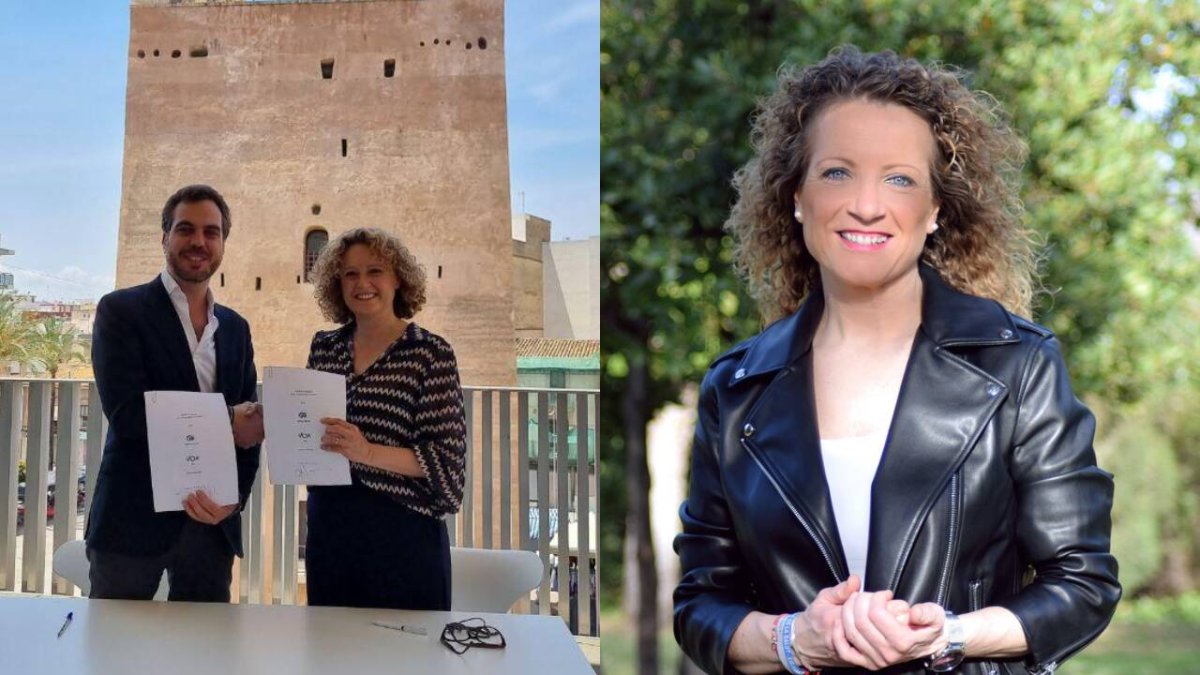 A la izquierda, Amparo Folgado (PP) y Guillermo del Real (Vox) firmando el acuerdo para gobernar en Torrent, a la derecha, Paqui Bartual, 'nueva' alcaldesa de Xirivella.