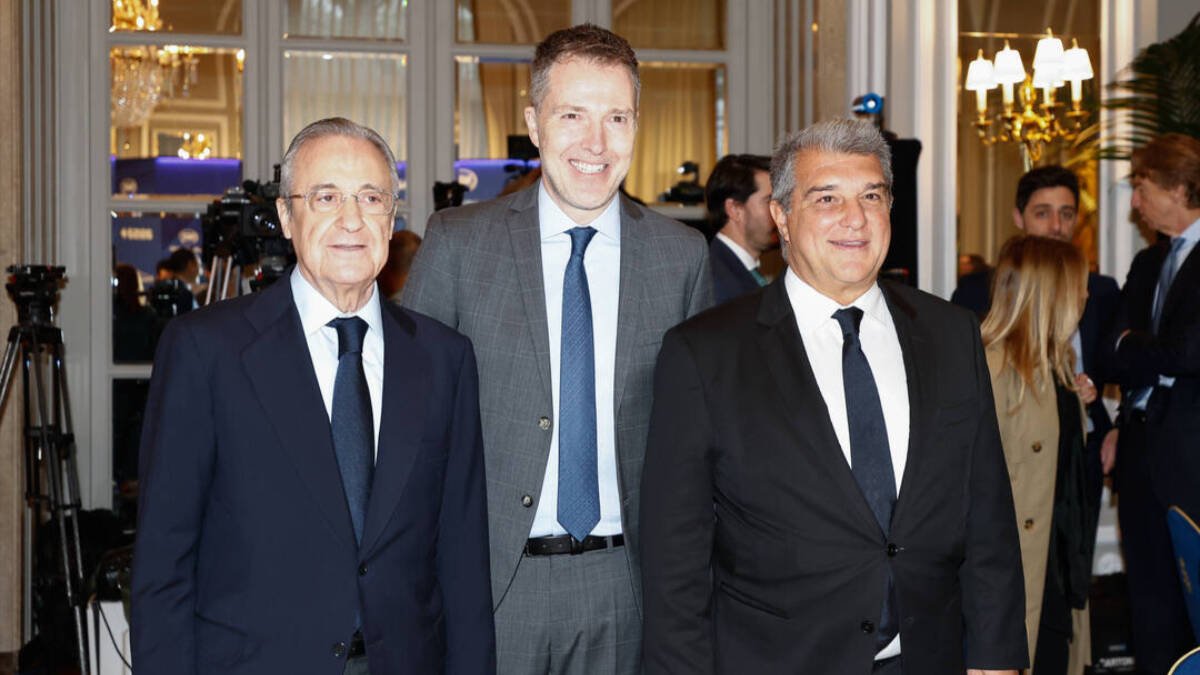 Florentino Pérez y Laporta con el presidente de A22, promotor de la Superliga