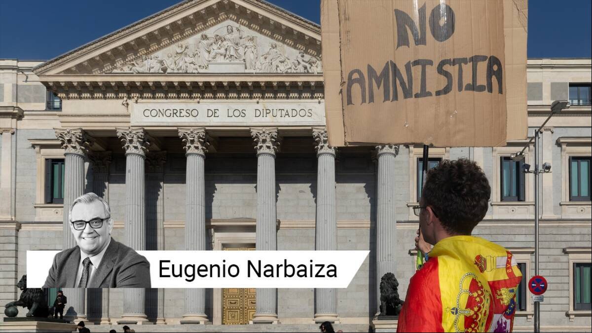 Uno de los manifestantes de las protestas frente al Congreso de los Diputados contra la ley de amnistía.