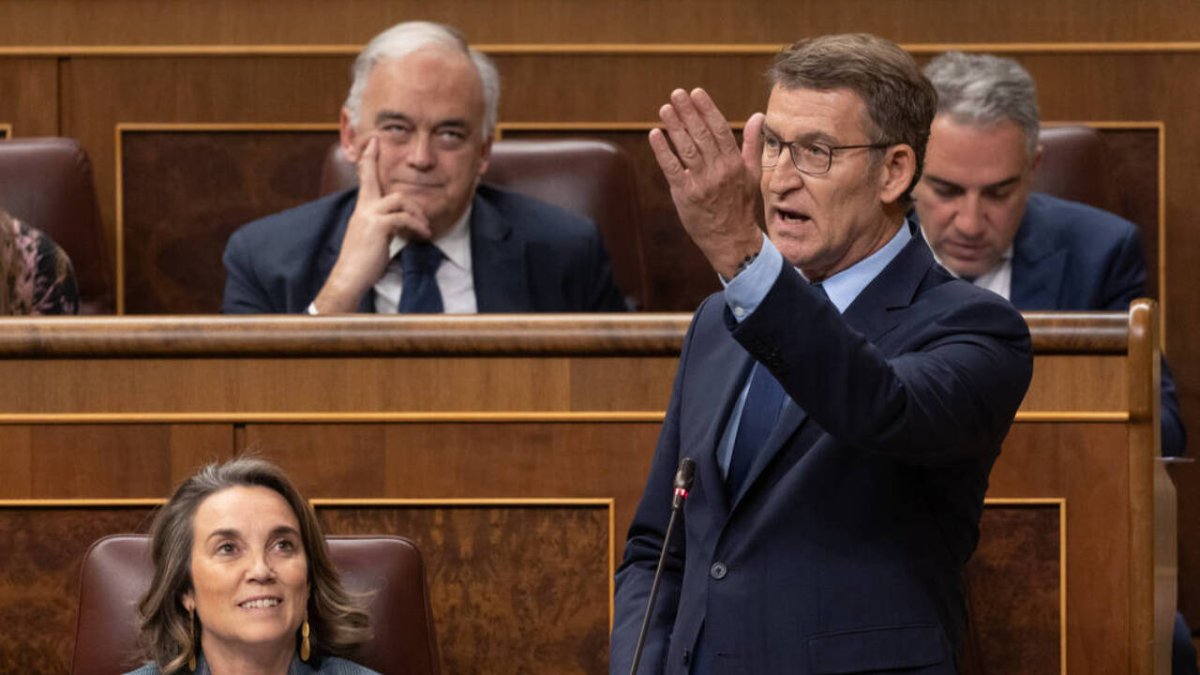 El líder del PP, Alberto Núñez Feijóo, en un momento de la sesión de control al Gobierno