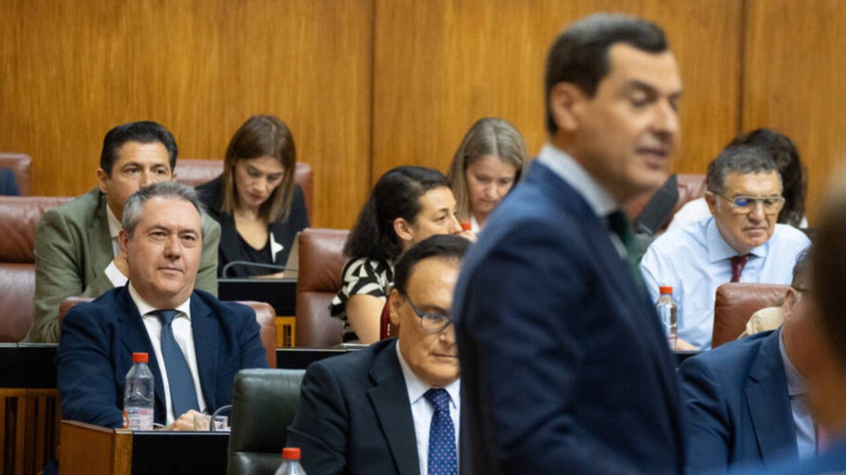 El líder del PSOE, Juan Espadas, en un pleno durante la intervención del presidente, Juanma Moreno (PP-A).