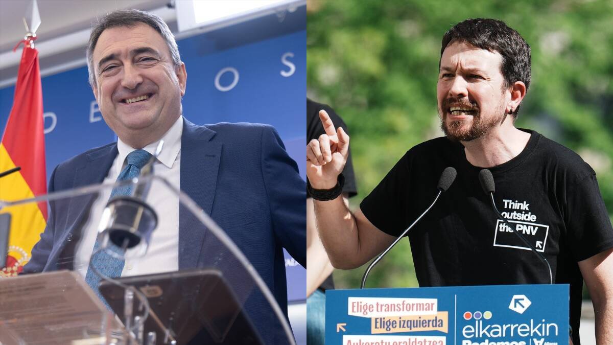 El portavoz del PNV en el Congreso, Aitor Esteban, y el ex líder de Podemos, Pablo Iglesias, durante la campaña para las elecciones en el País Vasco.