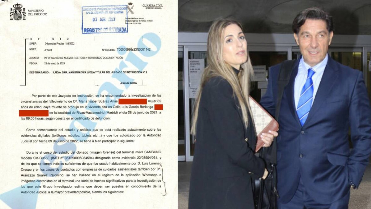 El actor Luis Lorenzo junto a su mujer Arancha Palomino, junto al informe de la Guardia Civil al que ESdiario ha tenido acceso
