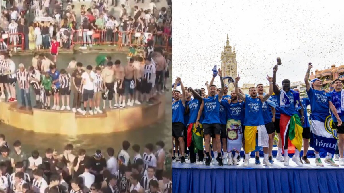 Celebraciones de aficionados del Castellón y el Hércules durante la jornada de ayer.