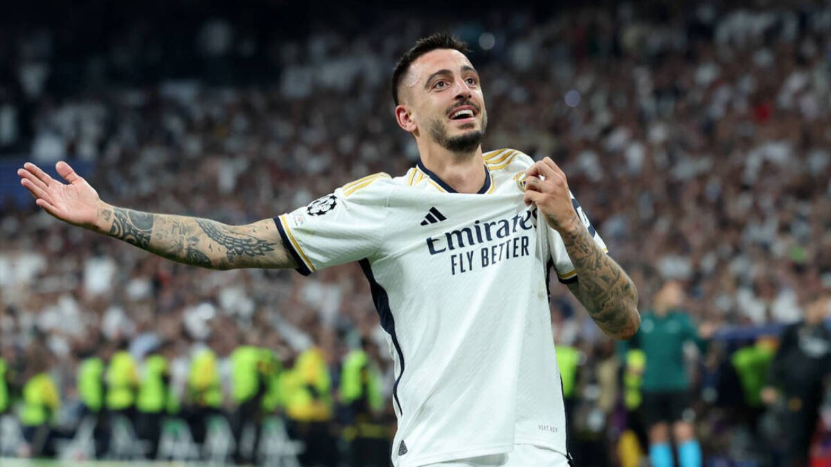 Joselu celebra su segundo gol al Bayern