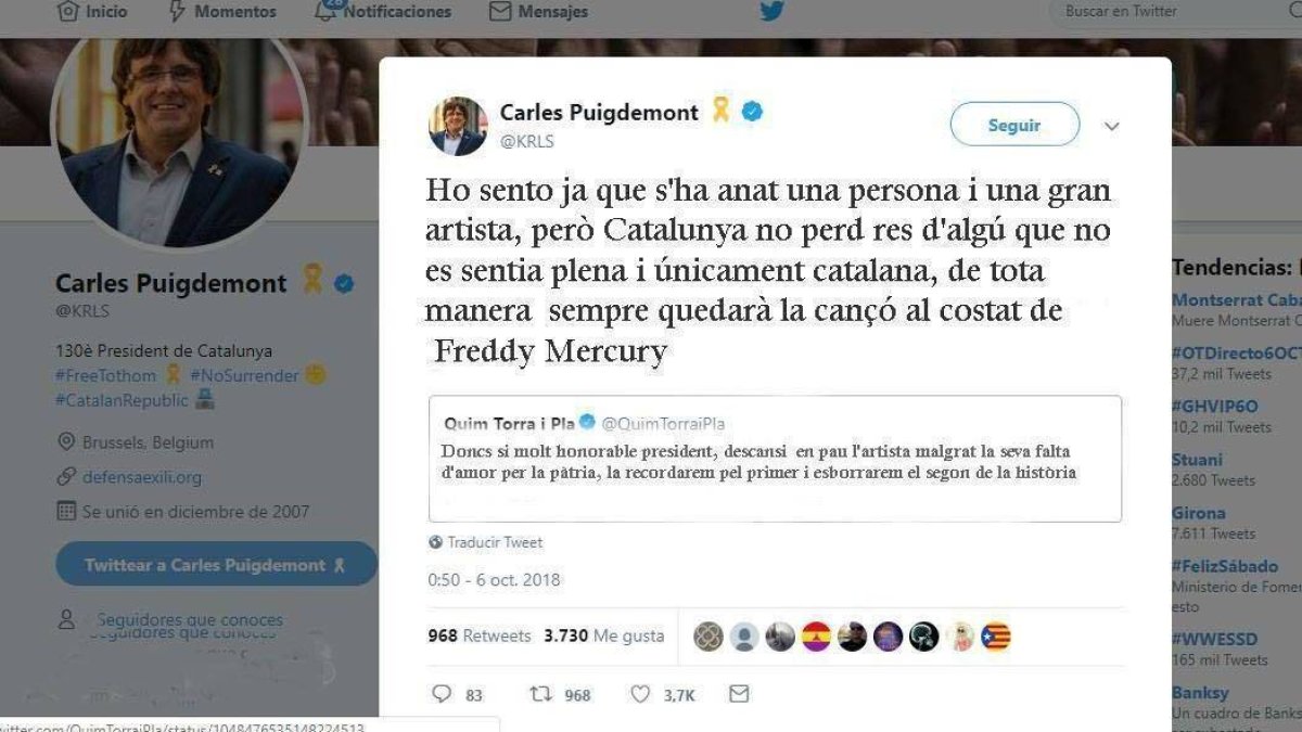¿Se ha quejado Puigdemont del escaso sentimiento nacionalista de la Caballé?