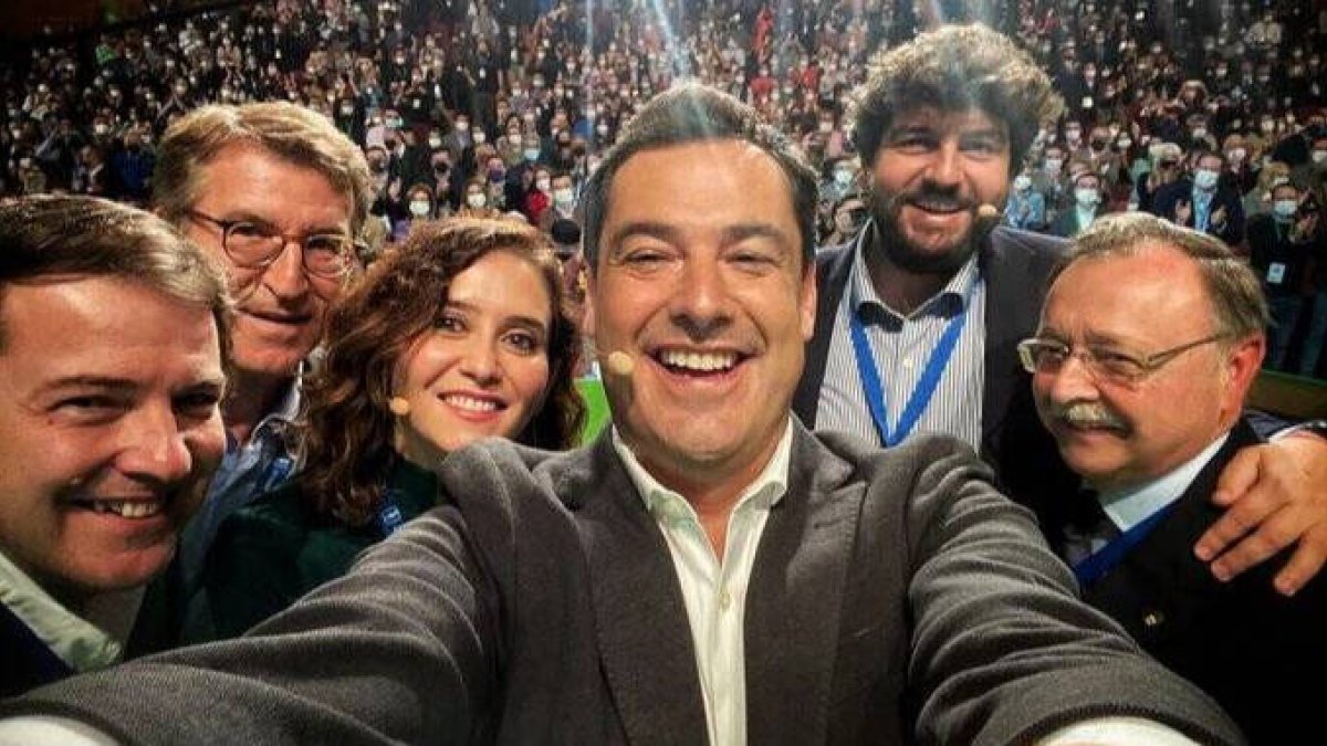 Juanma Moreno, con Ayuso, Feijoó, López Miras, Mañueco y Vivas
