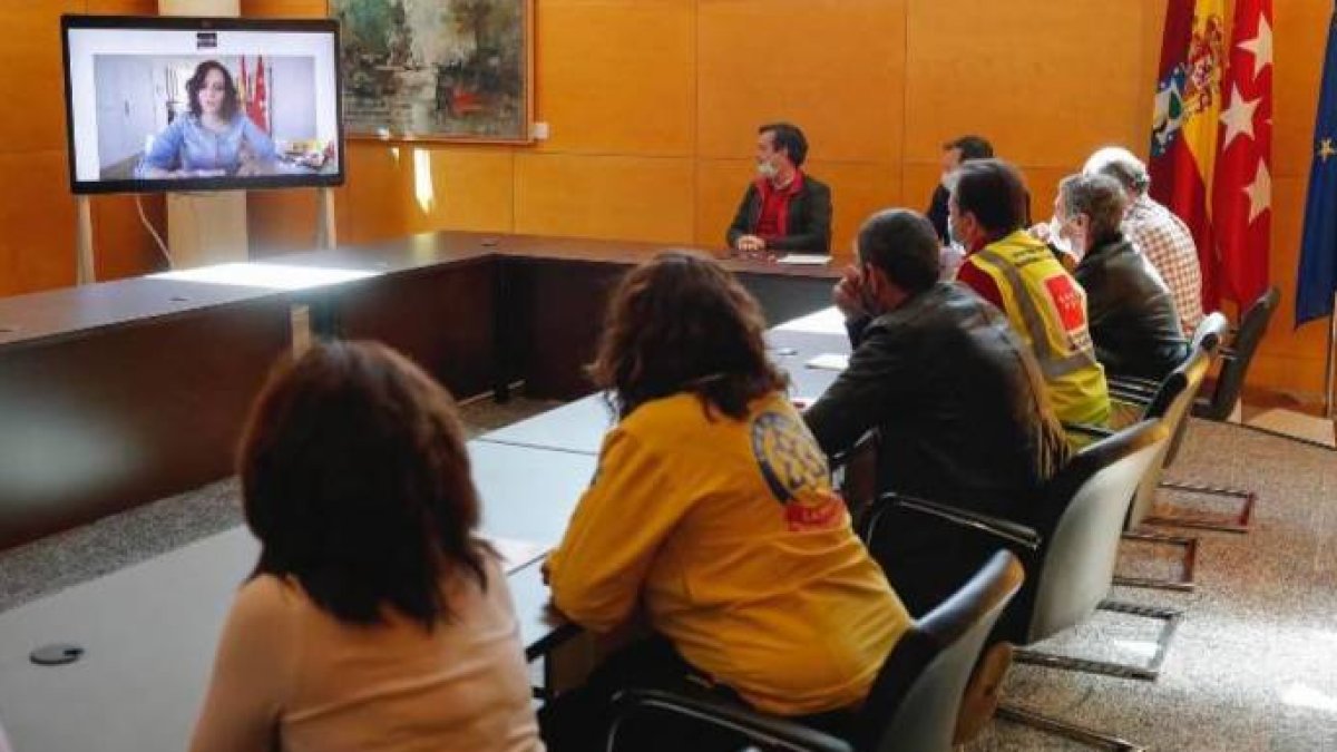 Isabel Díaz Ayuso, dirigiendo por videoconferencia el operativo sanitario de la Comunidad de Madrid.