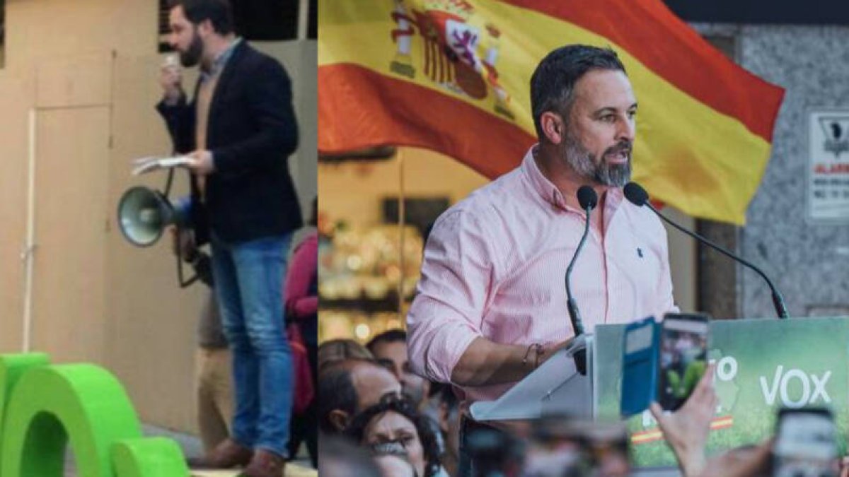 Abascal en el mitin de este viernes y en 2015 en la misma calle