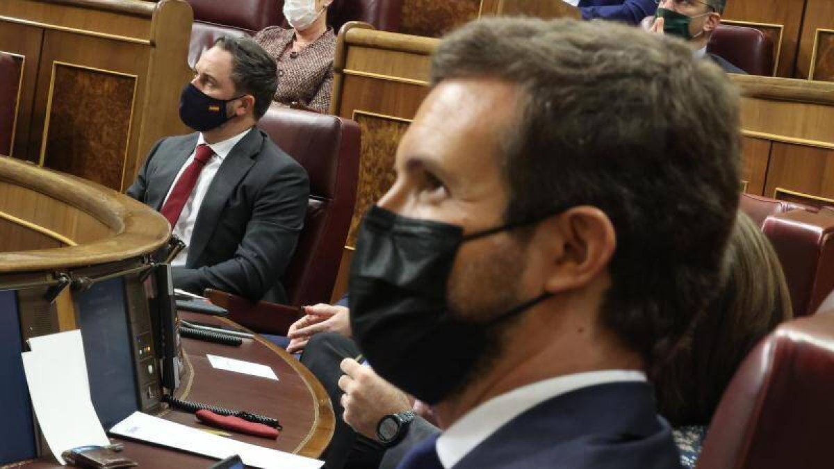 Casado y Abascal en sus escaños del Congreso.