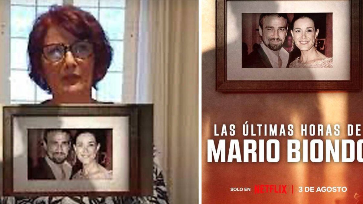 Santina D'Alessandro y el cartel de Netflix de la serie documental.