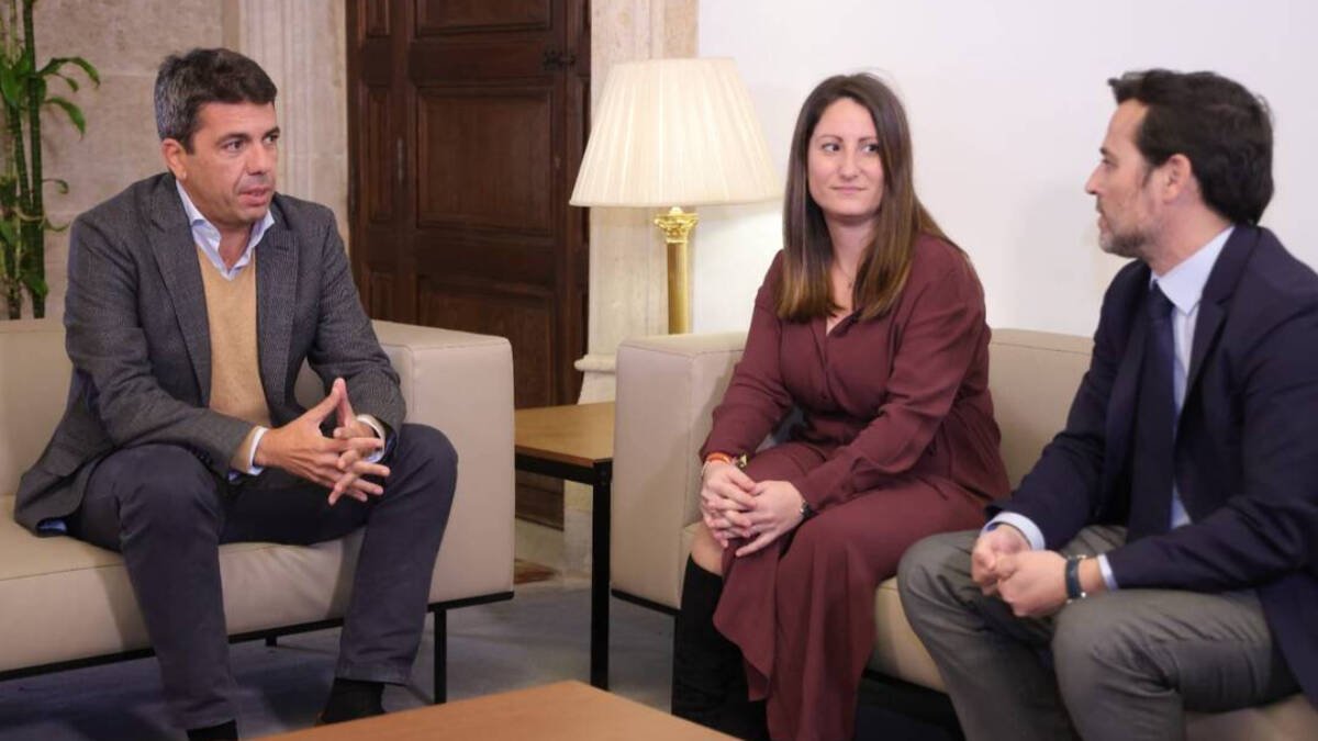 El presidente de la Generalitat, Carlos Mazón, y los portavoces de Vox en Las Cortes Valencianas, Ana Vega y Joaquín Alés.