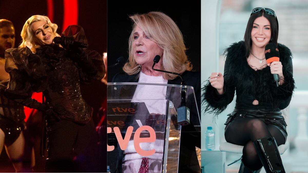La cantante del dúo Nebulossa (izq.); la presidenta de RTVE, Elena Sánchez (c.); e Inés Hernand (der.).