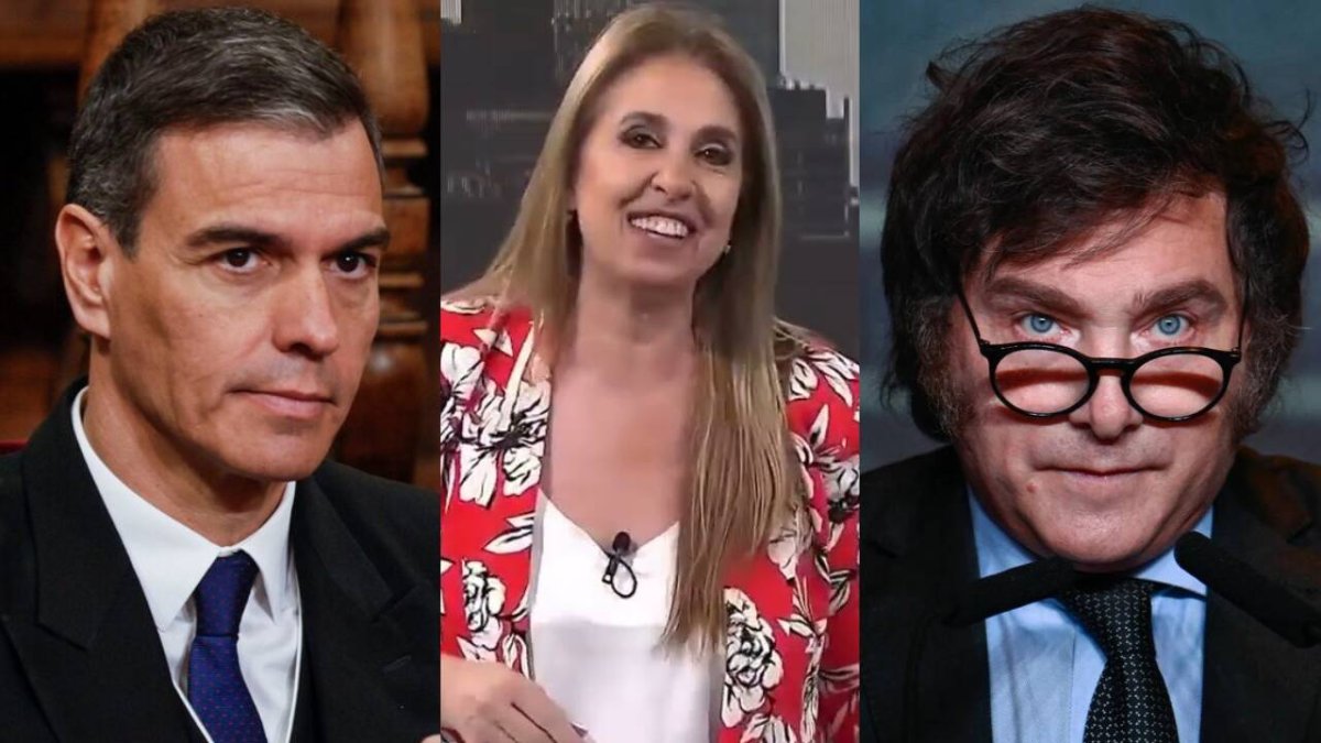 Pedro Sánchez, la presentadora de TV Clara Salguero y Javier Milei
