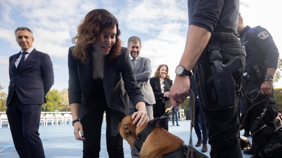 La presidenta de la Comunidad de Madrid, Isabel Díaz Ayuso, acaricia a un perro durante la presentación del Plan Regional contra las Drogas.