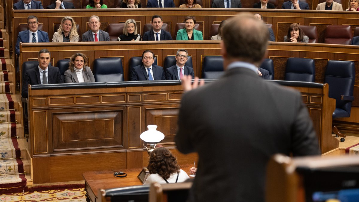 El presidente del PP, Alberto Núñez Feijóo, interviene durante una sesión de control al Gobierno.