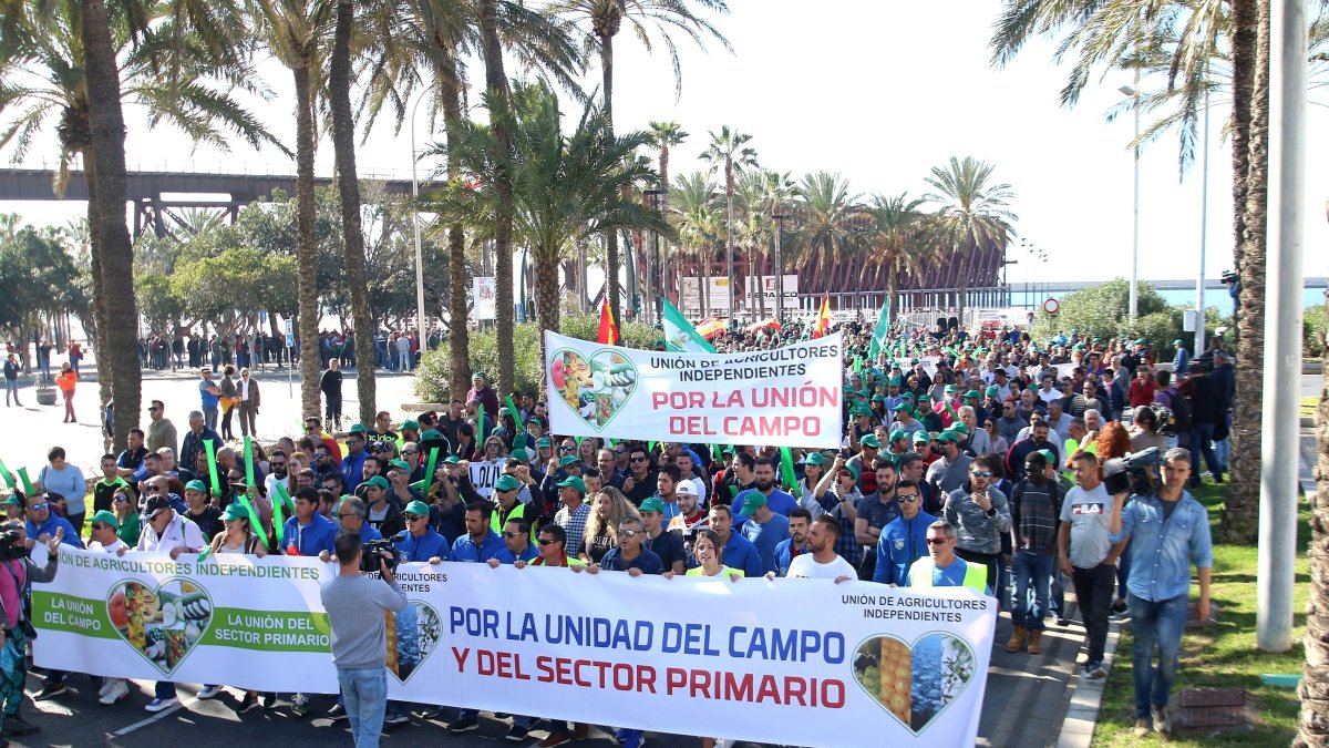 (Foto de ARCHIVO)
Agricultores de la Unión de Agricultores Independientes con pancartas manifestándose en Almería a 26 de febrero
Rafael González
26/2/2020