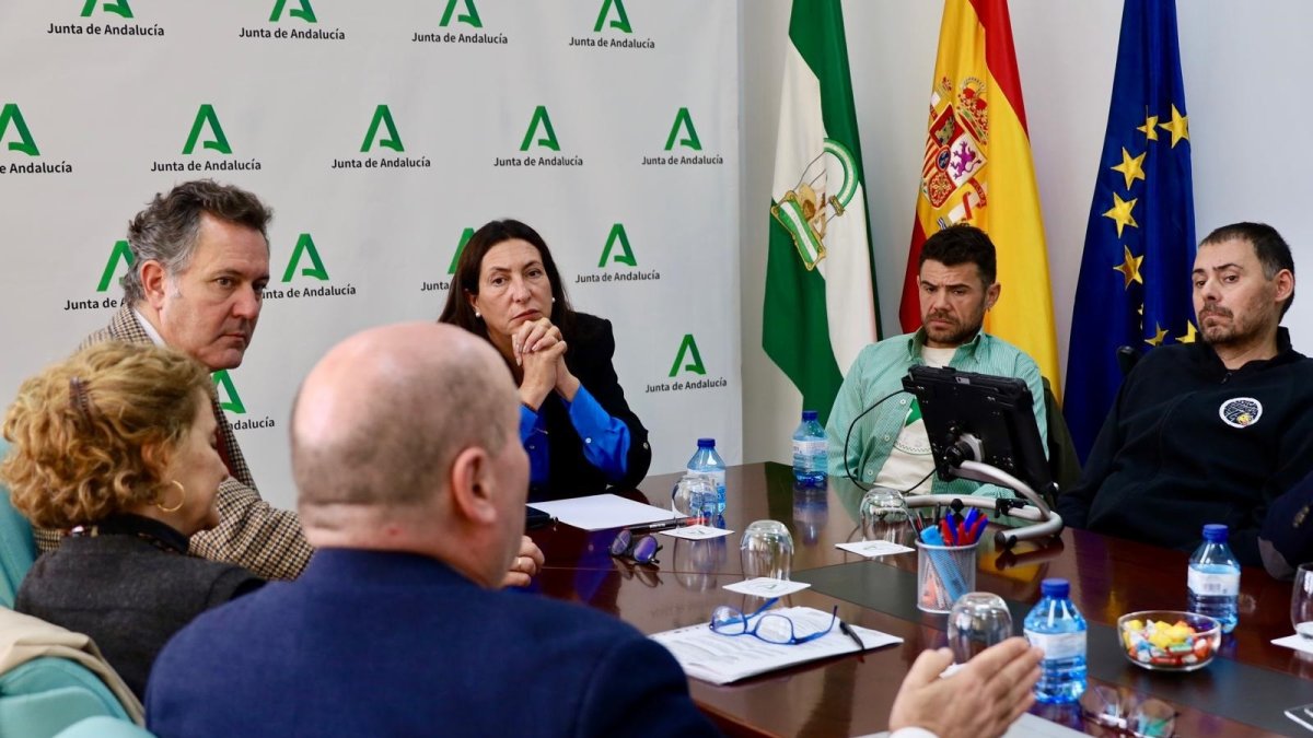 La consejera de la Junta de Andalucía, Loles López, con los representantes de asociaciones de enfermos de ELA: