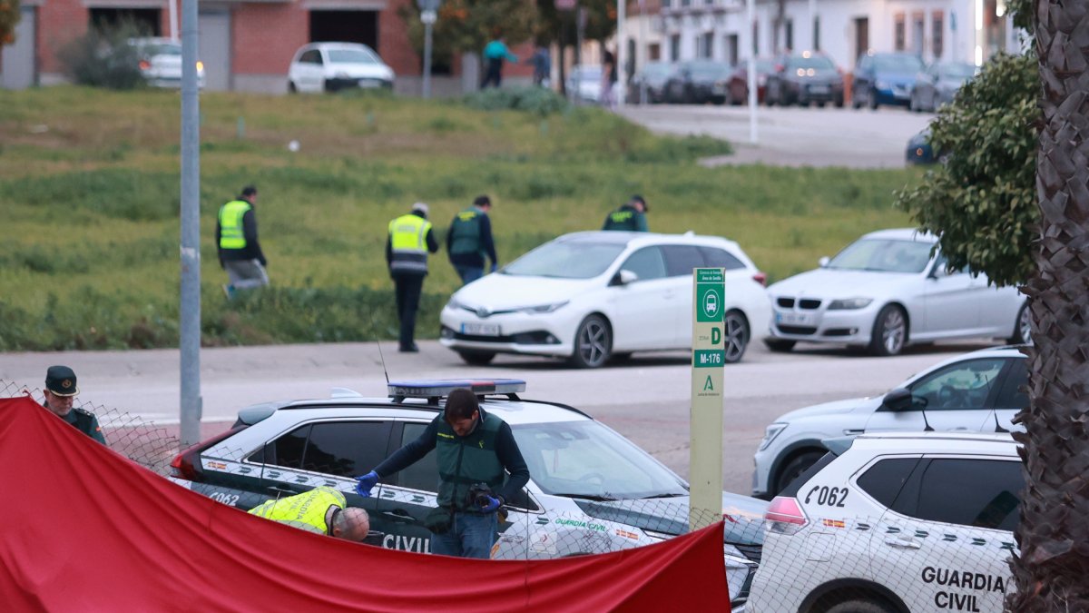 La Guardia Civil en el lugar donde se encuentra el cadáver de un menor apuñalado junto al instituto de Gerena, Sevilla.