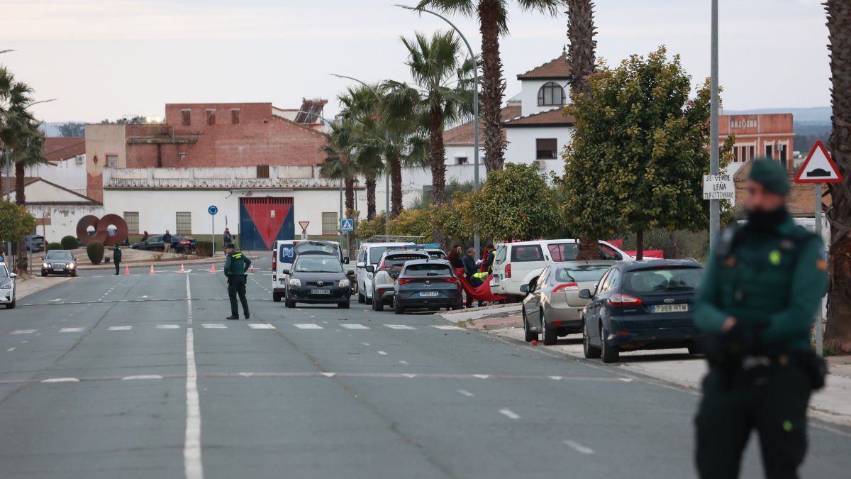 Los servicios funerarios y la Guardia Civil trabajan en el lugar donde se encuentra el cadáver de un menor apuñalado en Gerena, Sevilla.