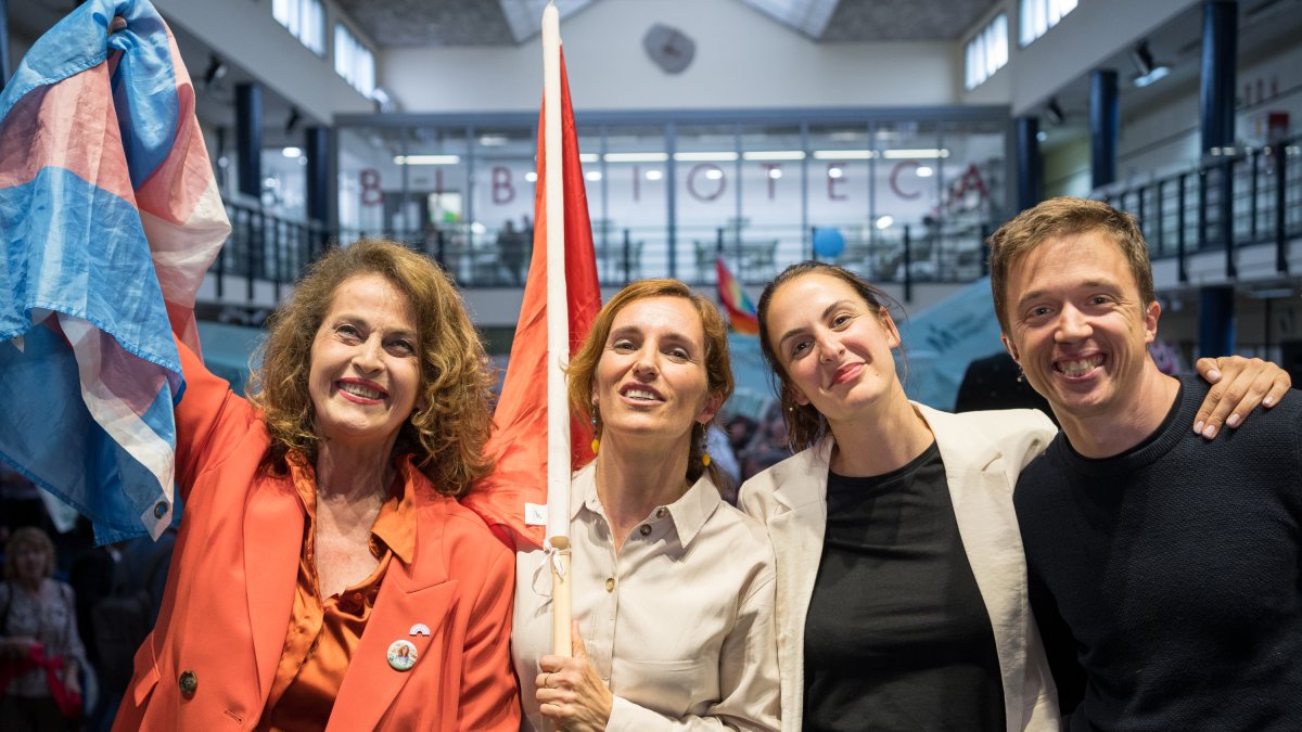 Carla Antonelli, Mónica García, Rita Maestre e Iñigo Errejón durante el acto de cierre de campaña de Más Madrid para las elecciones de 2023.
