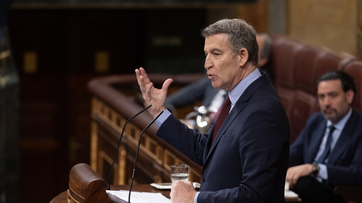 El presidente del PP, Alberto Núñez Feijóo, interviene durante una sesión plenaria en el Congreso de los Diputados, a 26 de marzo de 2025, en Madrid (España).