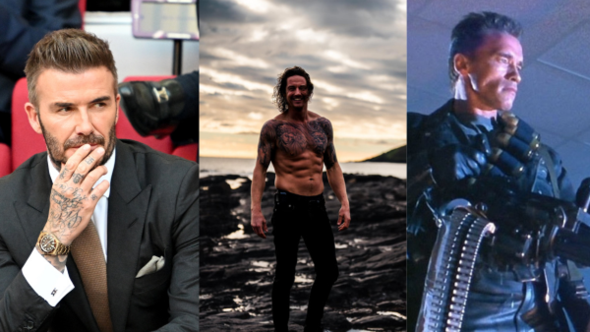 A la izquierda David Beckham, en el centro Craig Ainsworth y a la derecha Arnold Schwarzenegger