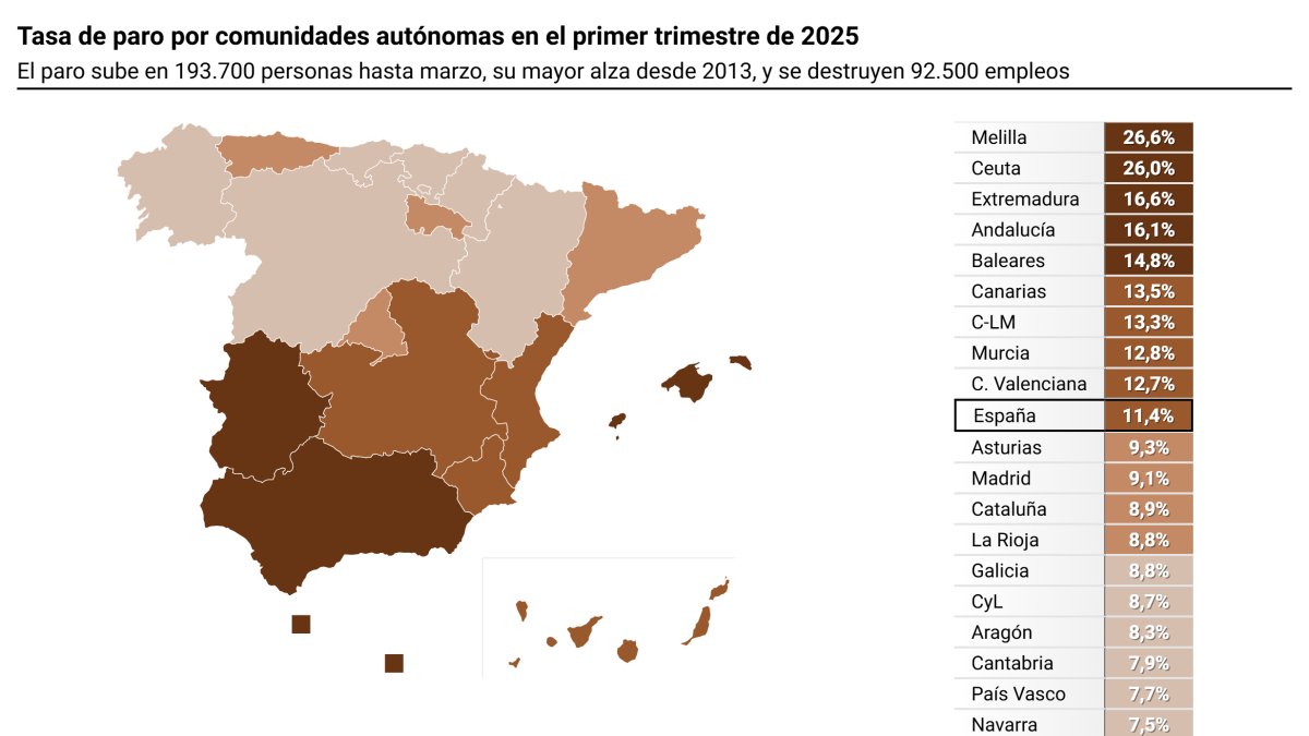 Mapa con cifras de paro en España.