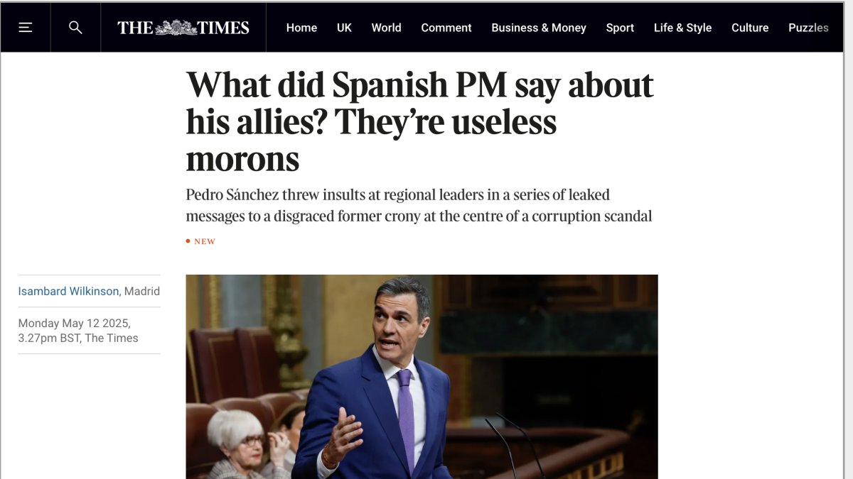 Noticia de The Times sobre los mensajes de Sánchez con Ábalos