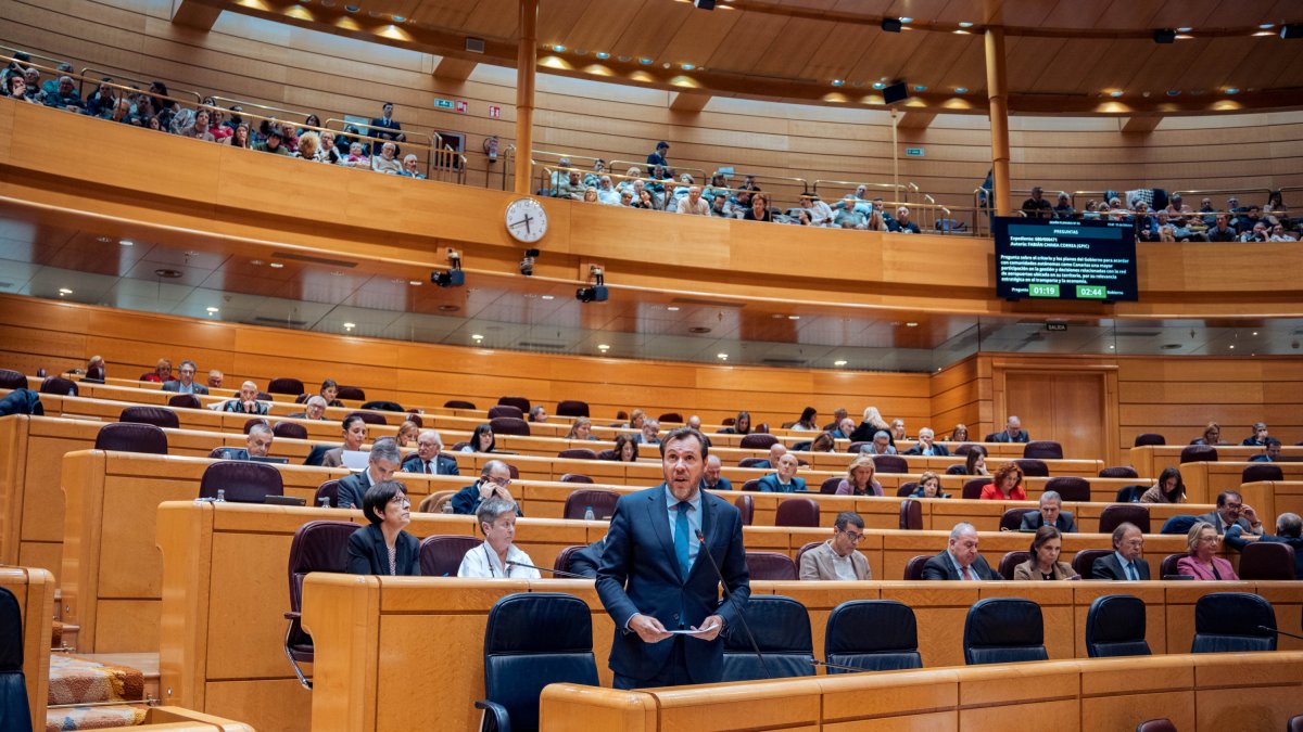 El ministro de Transportes y Movilidad Sostenible, Óscar Puente, interviene durante una sesión en el Senado.