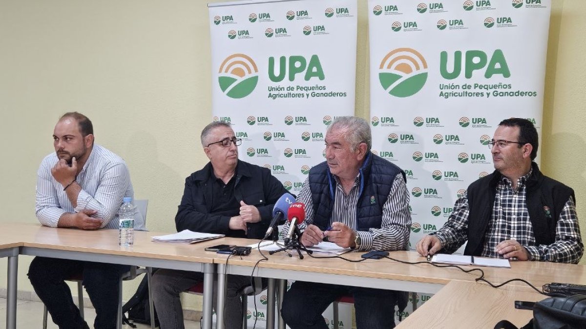 El secretario general de Agricultura de UPA, Ignacio Huertas (segundo por la izq), junto al secretario regional de UPA, Aurelio Gonzále (tercero por izq), en rueda de prensa en Valladolid.