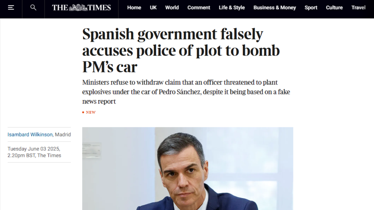Noticia de 'The Times' sobre el bulo de la bomba lapa en el coche de Pedro Sánchez.