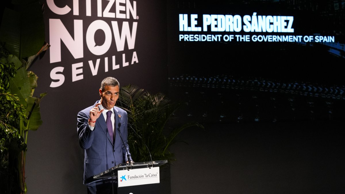 Pedro Sánchez, este domingo, en la cumbre de la ONU en Sevilla.