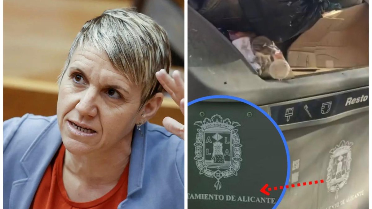 La portavoz de Compromís, Papi Robles, y un contenedor de Alicante que aparece en su vídeo