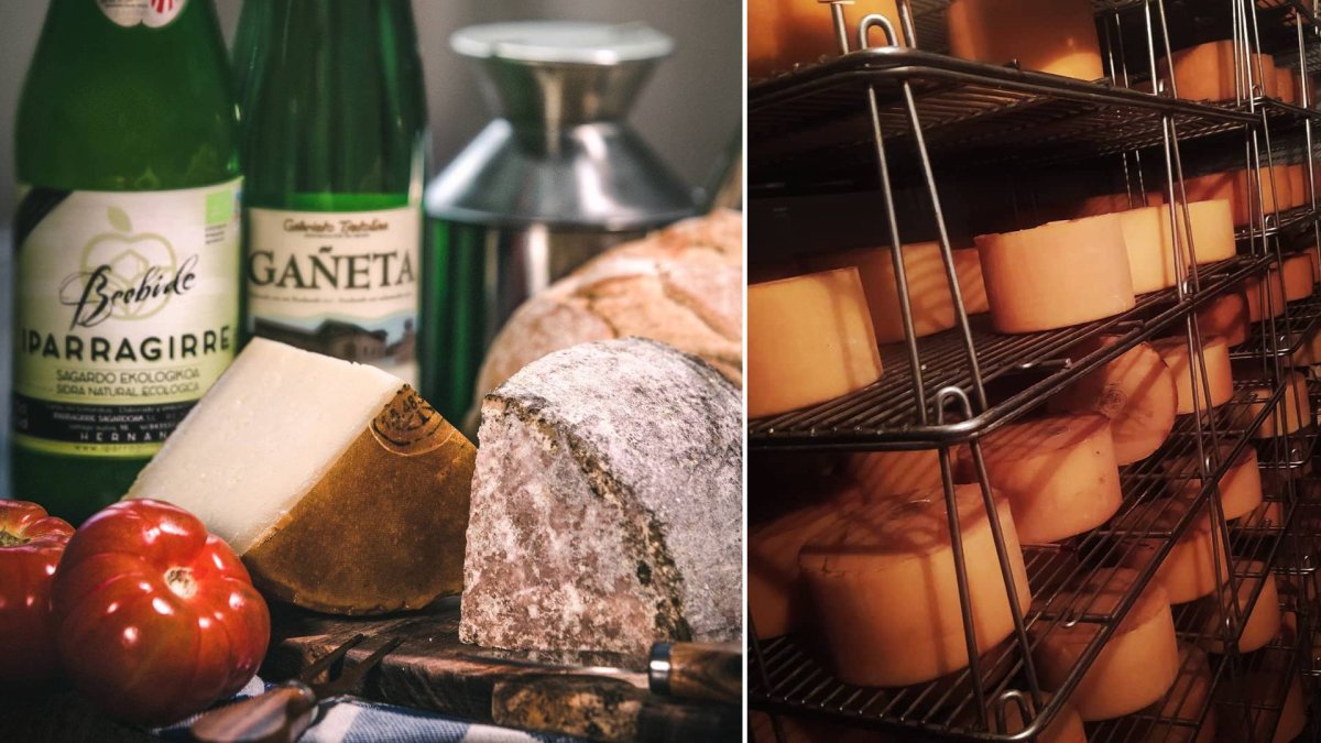 Queso Idiazábal con pan y sidra natural; a la derecha, piezas madurando en quesería