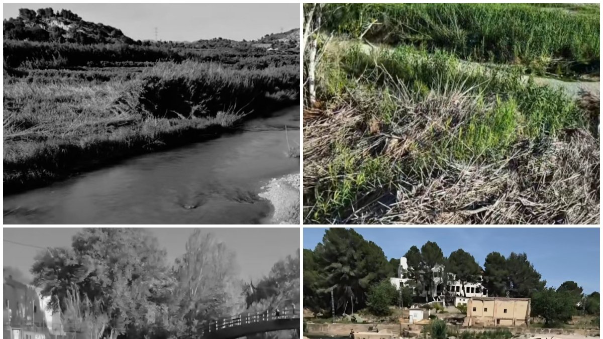 El Parque del Turia antes y después de la dana. Arriba la comparativa en Villamarchante y de bajo en Manises