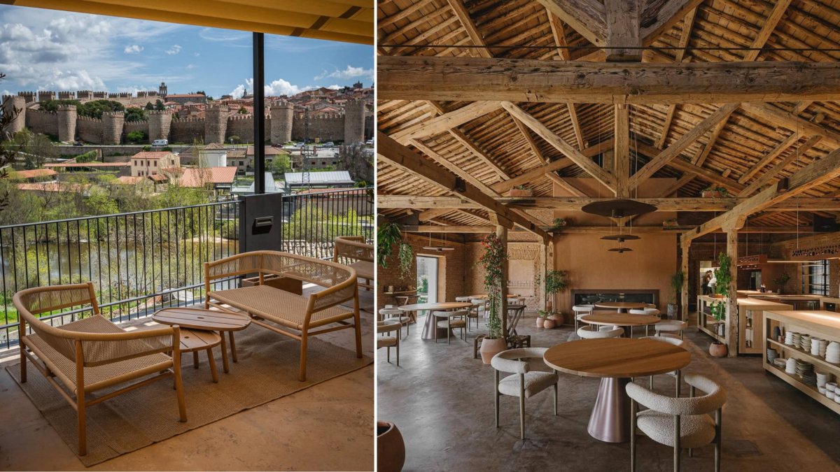 La terraza de Barro con vistas directas a la muralla de Ávila y su comedor de estética rústica-minimalista: el entorno donde se sirve el sorprendente sorbete de calabacín.