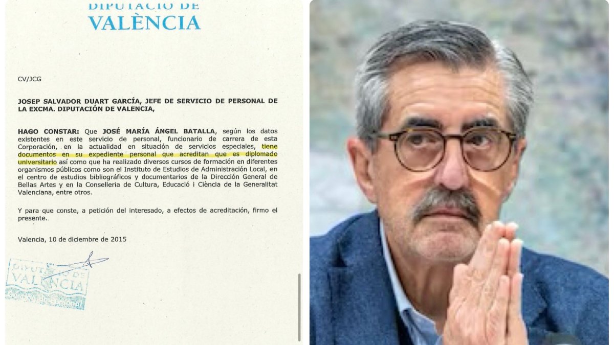 José María Ángel junto al informe del jefe de personal de Diputación, Josep Salvador Duart, asegurando que tenía un título de diplomado