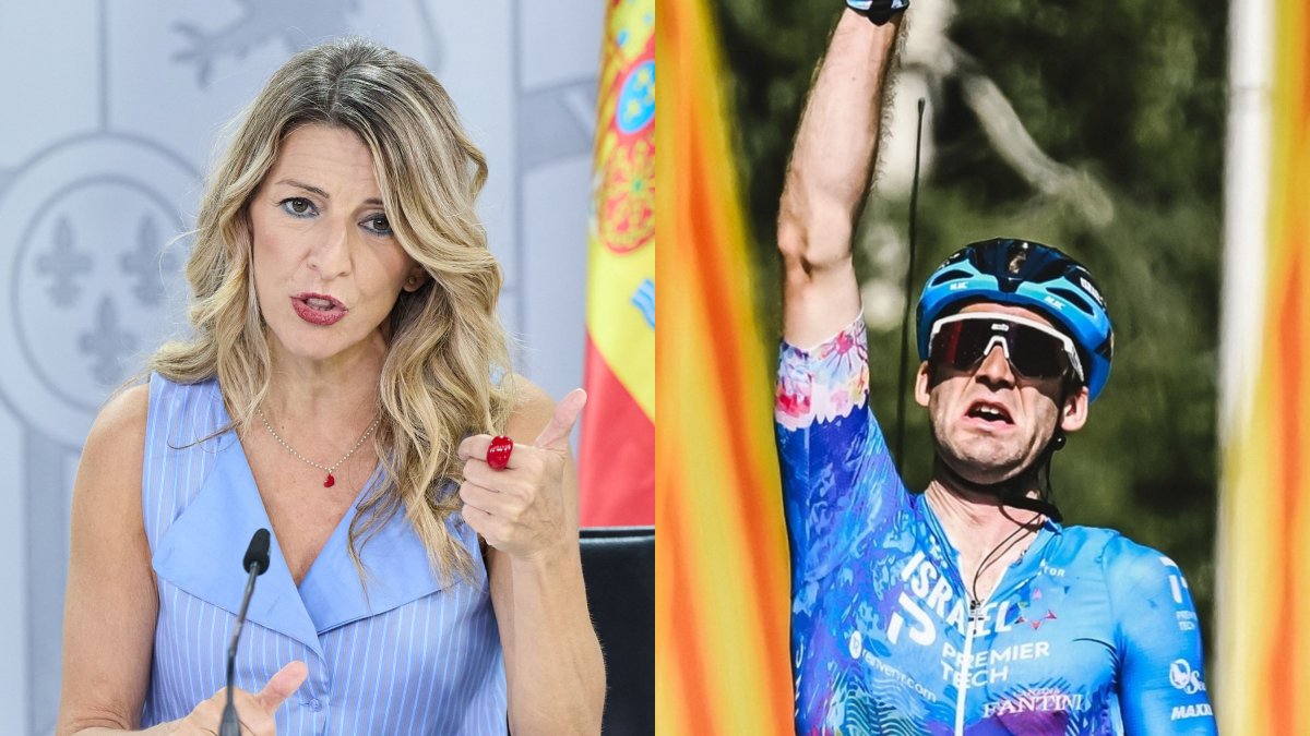 La vicepresidenta y ministra de Trabajo, Yolanda Díaz, y el canadiense Hugo Houle, ciclista del Israel-Premier Tech.